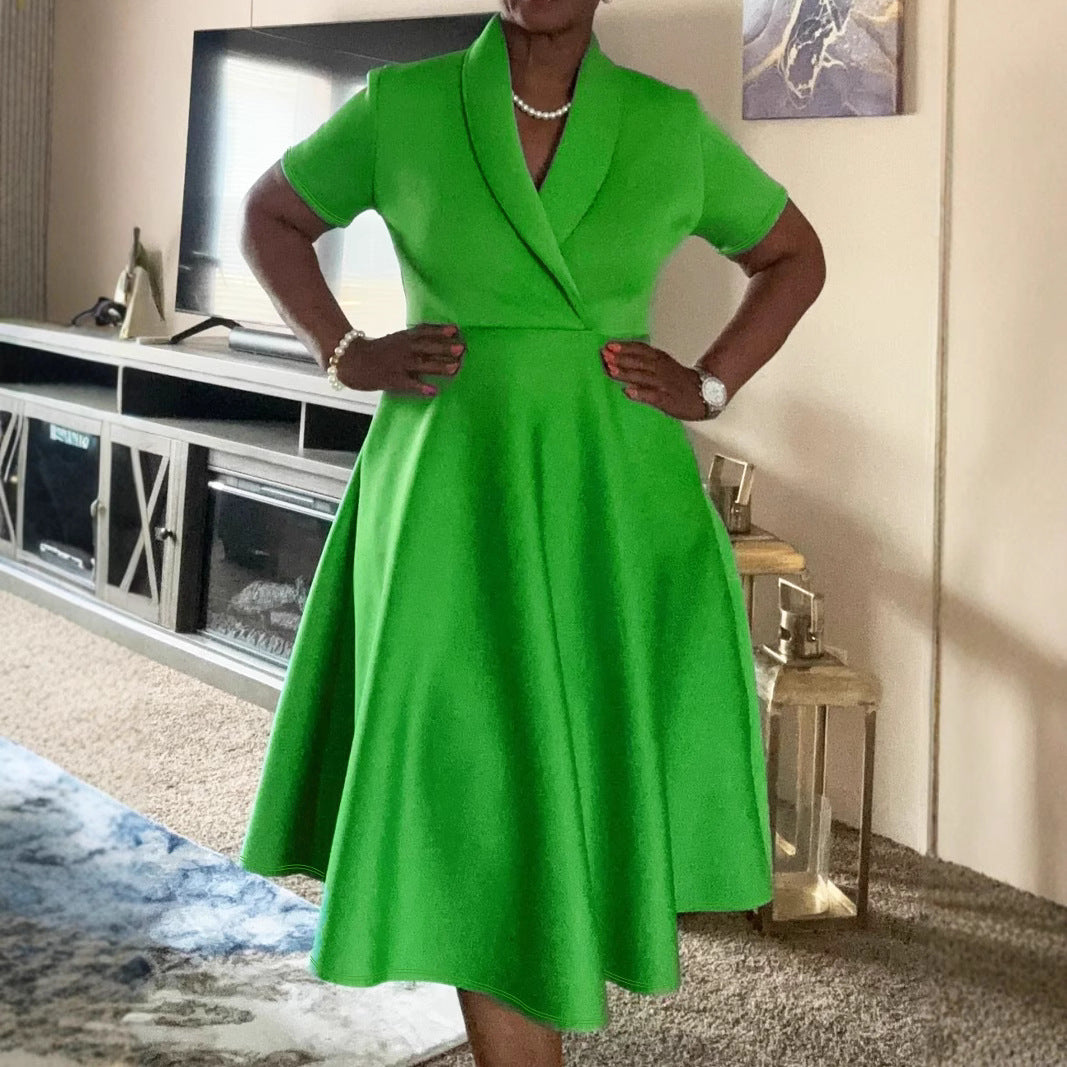 Plus Size Women Clothing Cross Collared Short Sleeve Solid Color Waist Tight Dress