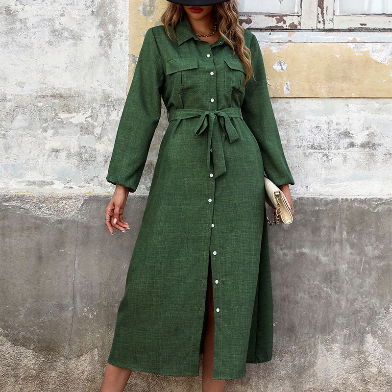 Fall Women Clothing Turn down Collar Green Long Sleeve Solid Color Dress