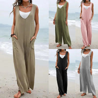 Summer Popular Solid Color Stickers Bags Jumpsuit V neck Suspender Pants Wide Leg Trousers for Women