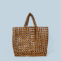 Special Interest Design Handbag with Wooden Beads Decoration Hand Woven Bag Underarm Bag Shoulder Bag Hollow Out Cutout Bag Vacation Beach Bag