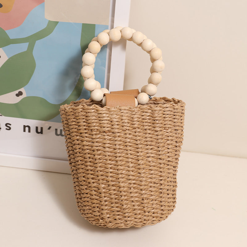 Cute Beaded Portable Straw Weaved Bag Bucket Hand Carrying Straw Bag Woven Bag Vacation Beach Bag Women