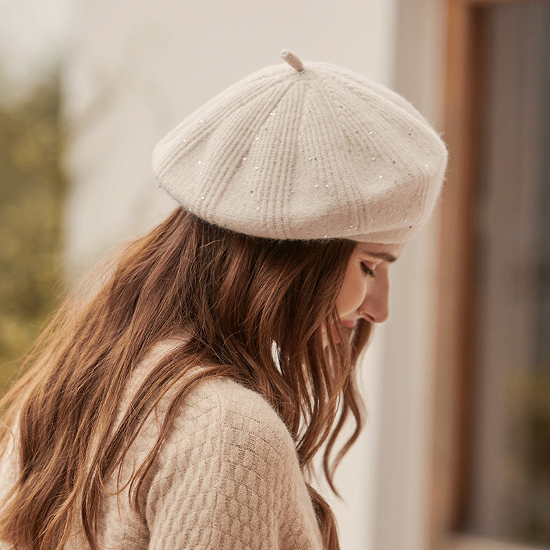 Beret Women Autumn Winter Woolen Hat Fleece lined Winter Knitting Hat Solid Color Women
