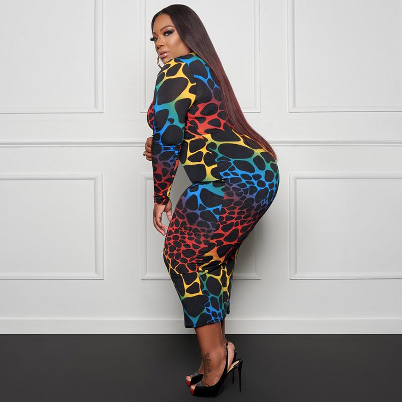 Plus Size Print Skinny Sheath Mid-Length Women Dress