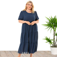 Plus Size Summer round Neck Girls Bohemian Women Clothes Short Sleeve Dress