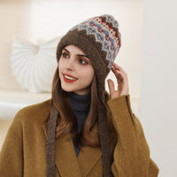 Korean Retro Diamond Lattice Knitted Earmuffs Hat Women Autumn Winter Warm All Matching Thickened Woolen Cap