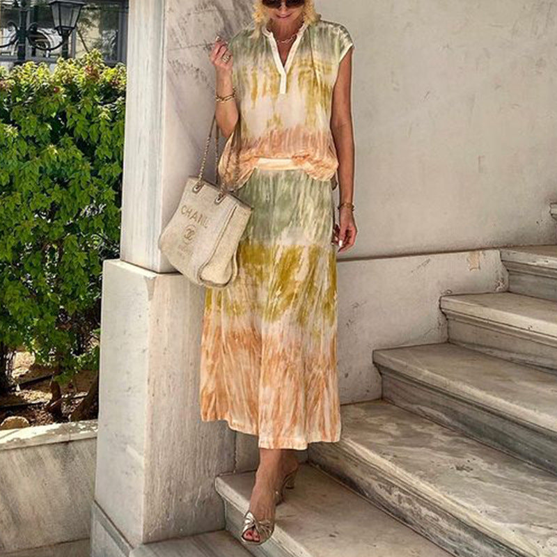 Women Print Sleeveless Top Skirt Two Piece Set Beach Suit