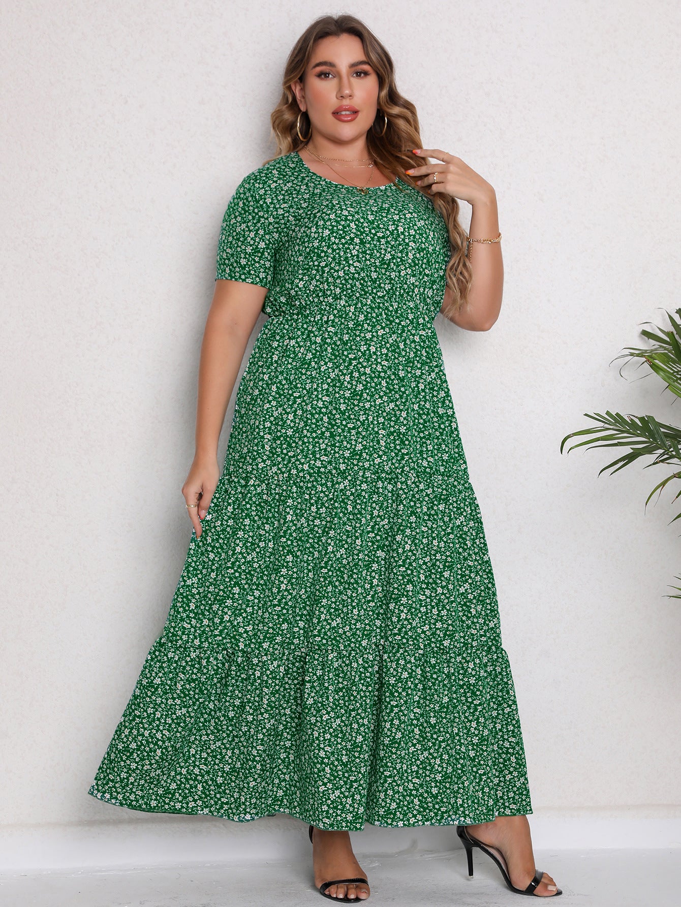 Plus Size Women Clothing Summer Short Sleeve round Neck Dress Maxi Dress