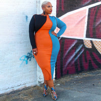 Plus Size Women Clothing Spring Stitching Contrast Color Tight Dress