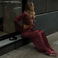 Long Sleeves Cropped Top Satin Draping Skirt Set Ruffle Hip Long Skirt Two Piece Set