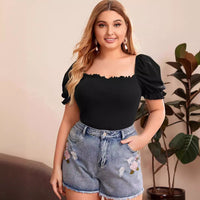 Plus Size Women Elegant Puff Sleeve T shirt Summer Square Collar Solid Color Short Top