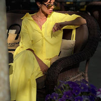 Spring Autumn Polo Collar Shirt Yellow Skirt Set Women Two Piece Sets