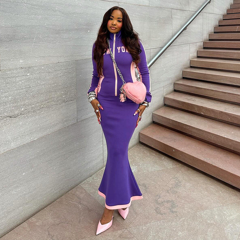 Autumn Contrast Color Long Sleeves Slim Fit Sexy Long Sleeve Two Piece Skirt Sets