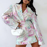 Loose Skirt Two Piece Set Long Sleeve Collared Top Printed High Waist Skirt Sets