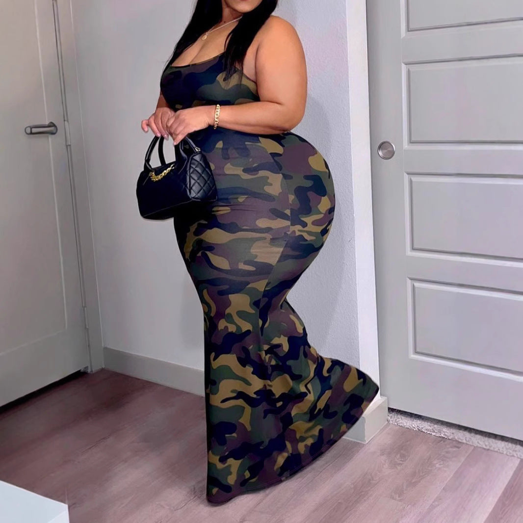 Plus Size Women Clothing Printed Sheath Spaghetti Strap Sling Dress
