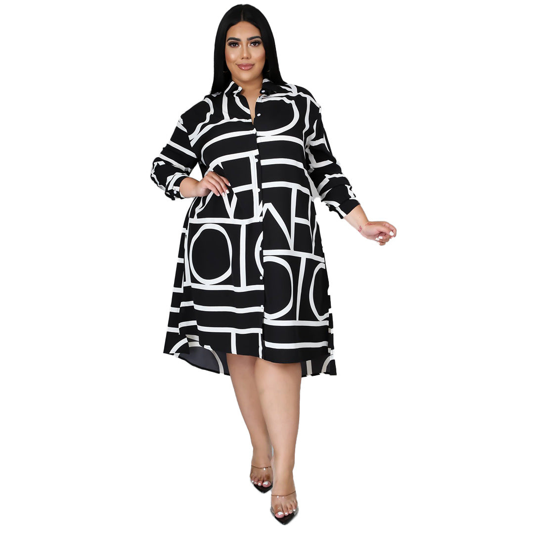 Plus Size Printing Pleating Waist Shirt Dress for Women