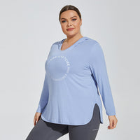 Plus Size Printed Logo Sports Long Sleeve Breathable Fitness Running Hooded Top Loose Yoga Clothes Women Overall
