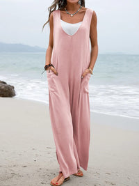 Summer Popular Solid Color Stickers Bags Jumpsuit V neck Suspender Pants Wide Leg Trousers for Women