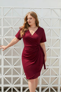 Plus Size Women Clothing Solid Color Casual Holiday Dress Bandage Vacation V Neck Mid Length Dress