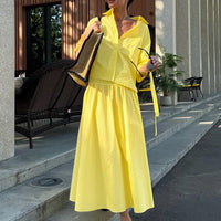 Spring Autumn Polo Collar Shirt Yellow Skirt Set Women Two Piece Sets