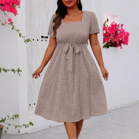 Plus Size Women Clothing Elegant Graceful Square Collar Lace up Small Plaid Large Swing Dress