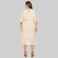 Plus Size Summer Women Clothing Solid Color V-neck Waist-Controlled Flying Sleeves Dress