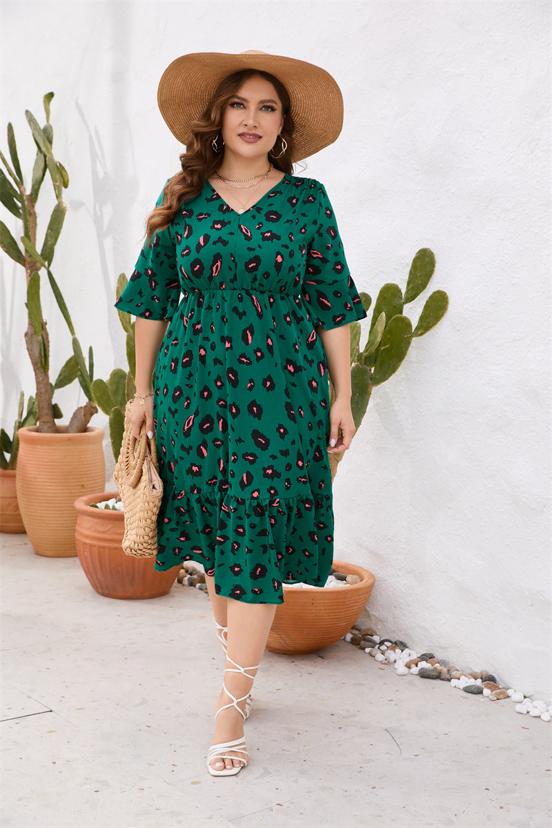 Plus Size Women's Clothing Summer V Neck Short Sleeve Ruffled Elastic Waist Dress Midi Dress