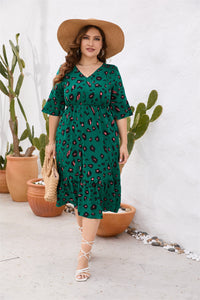 Plus Size Women's Clothing Summer V Neck Short Sleeve Ruffled Elastic Waist Dress Midi Dress