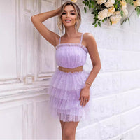 Sexy Solid Color Mesh Strap Tube Top Skirt Two Piece Set