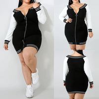 Plus Size Autumn Women Long Sleeve Color Zipper Dress Mid-Length