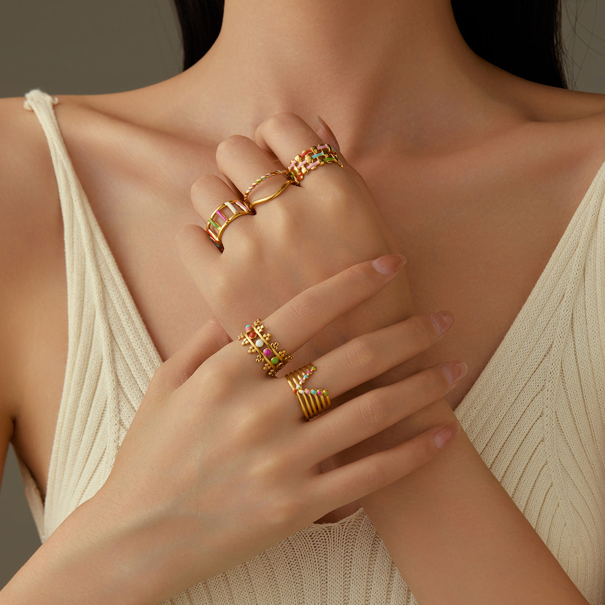 18K Gold Plated Stainless Steel Ring Women Geometric Abstract Colorful Oil Necklace Ring Ornament