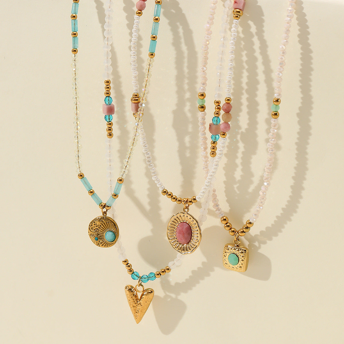 Rhodochrosite Titanium Steel Necklace Women Color Crystal String Beads All Match High Sense Embellished Ornaments