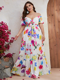 Plus Size Dress Large Print Off Shoulder Short Sleeve Long Lace Up Dress