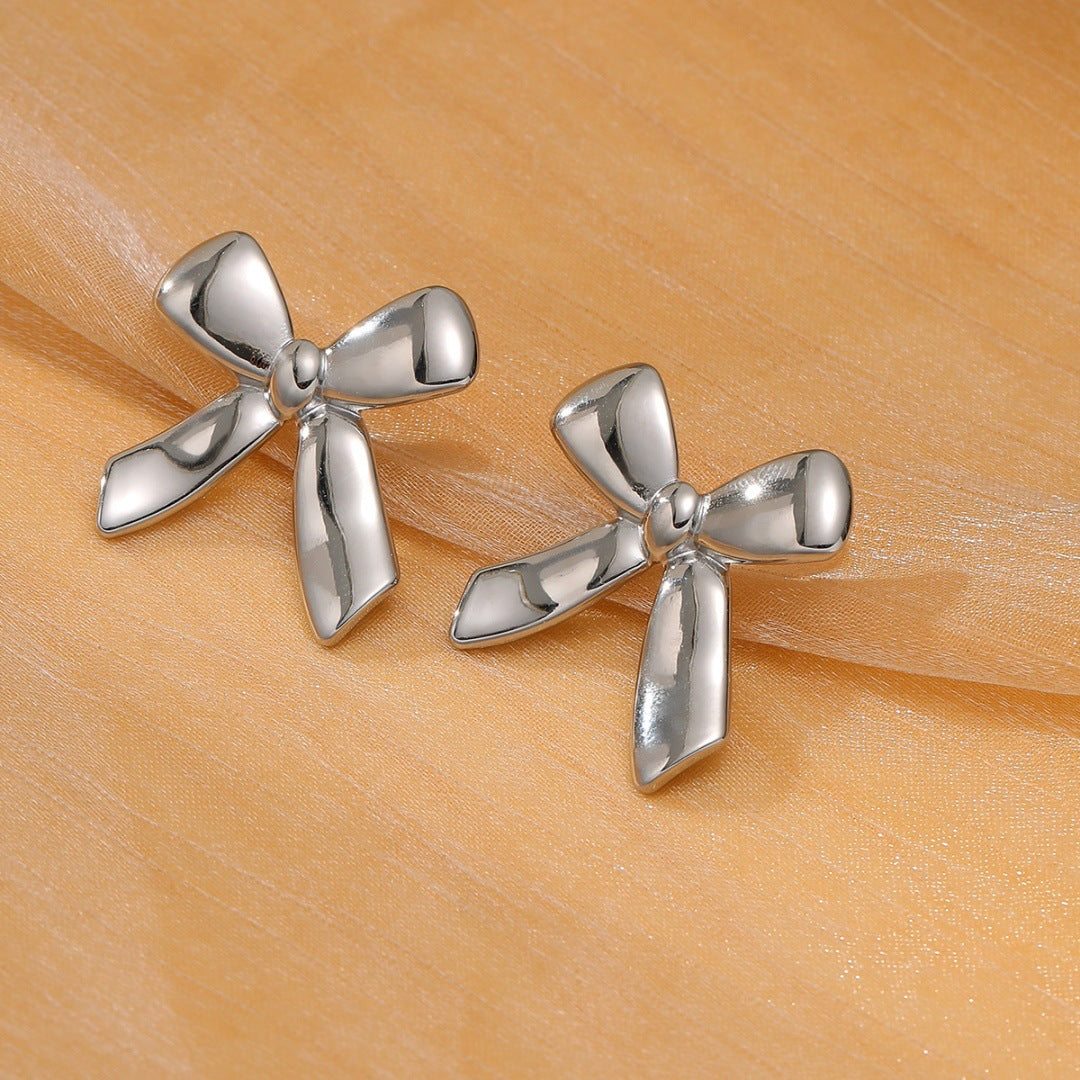 Gold Bow Titanium Steel Earrings Small Exquisite High Sense Stainless Steel Studs Ring Women