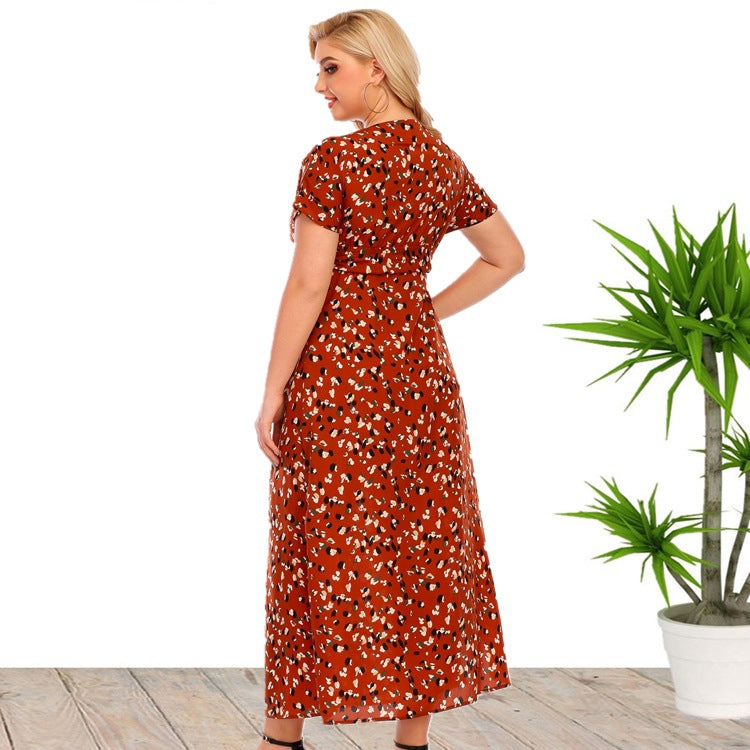 Plus Size Summer Women Clothes Floral Dress V-neck Split Dress