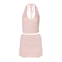 Sexy V neck Hollow Out Cutout out Halter Vest Tight Ultra Short Solid Color Stringy Selvedge Skirt Outfit Two Piece Set