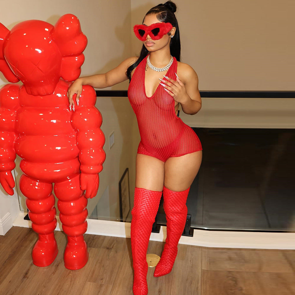 Sexy Summer Halter Backless Sexy Cutout Tight Breathable Jumpsuit Women