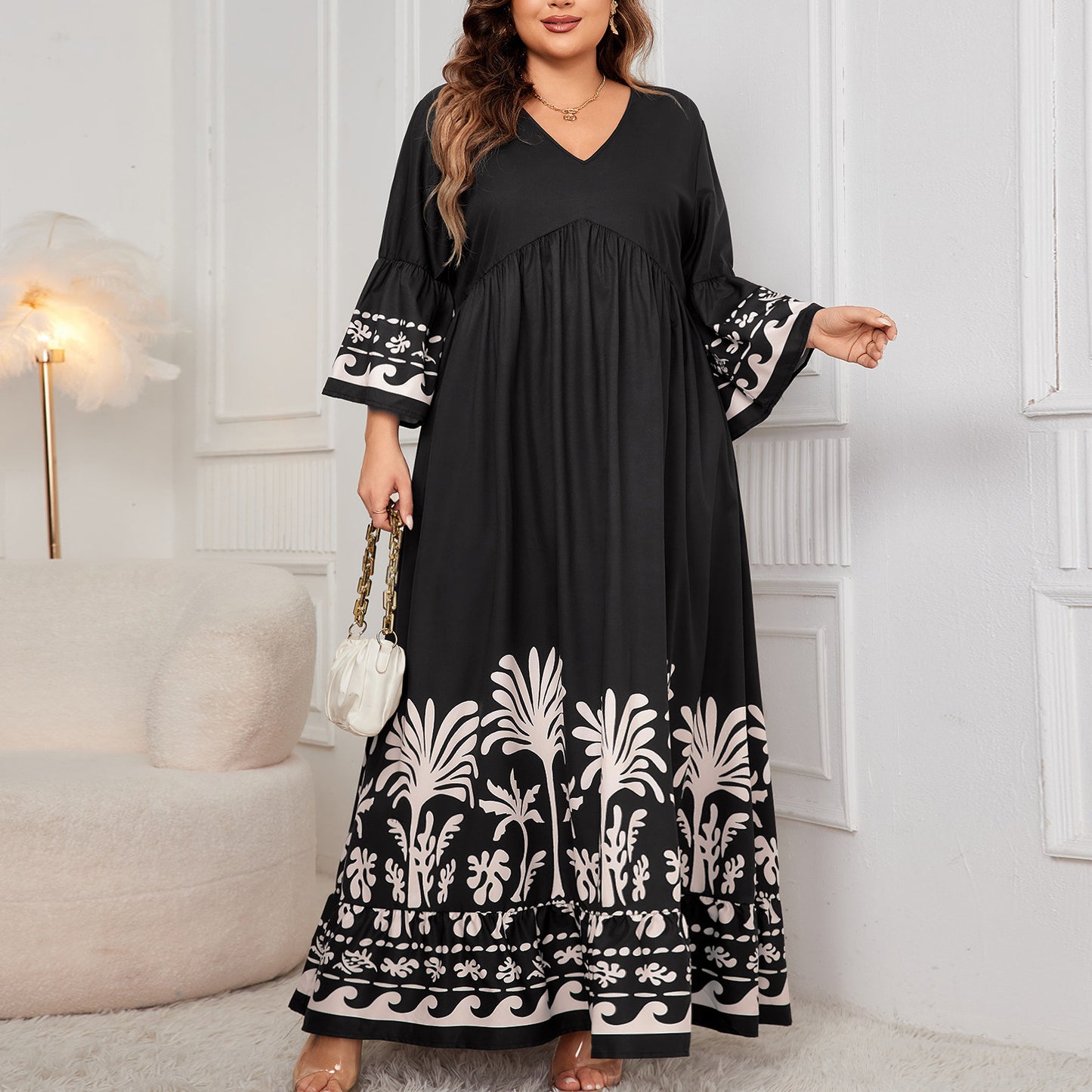 Plus Size Sleeve Loose Dress Elegant V neck Printed Maxi Dress Women