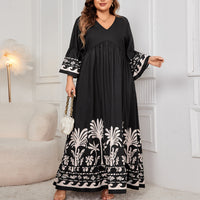 Plus Size Sleeve Loose Dress Elegant V neck Printed Maxi Dress Women