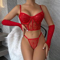 Women Sequ Sexy Two Piece Suit Valentine Day Red Suit Sexy Lingerie Without Sleeve
