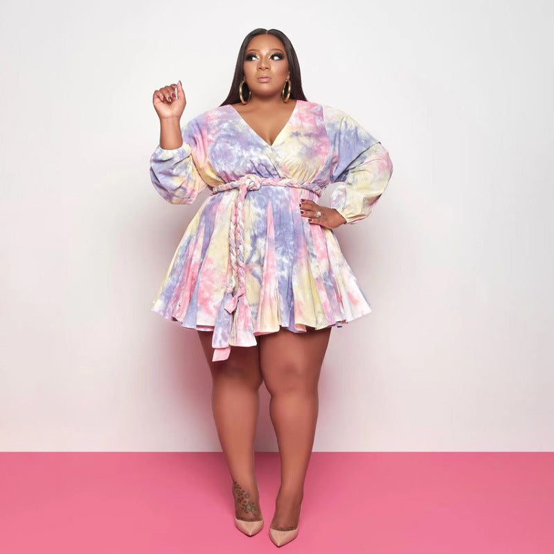 Plus Size Printed V-neck Sexy Woven Large Swing Dress with Belt Women Dress