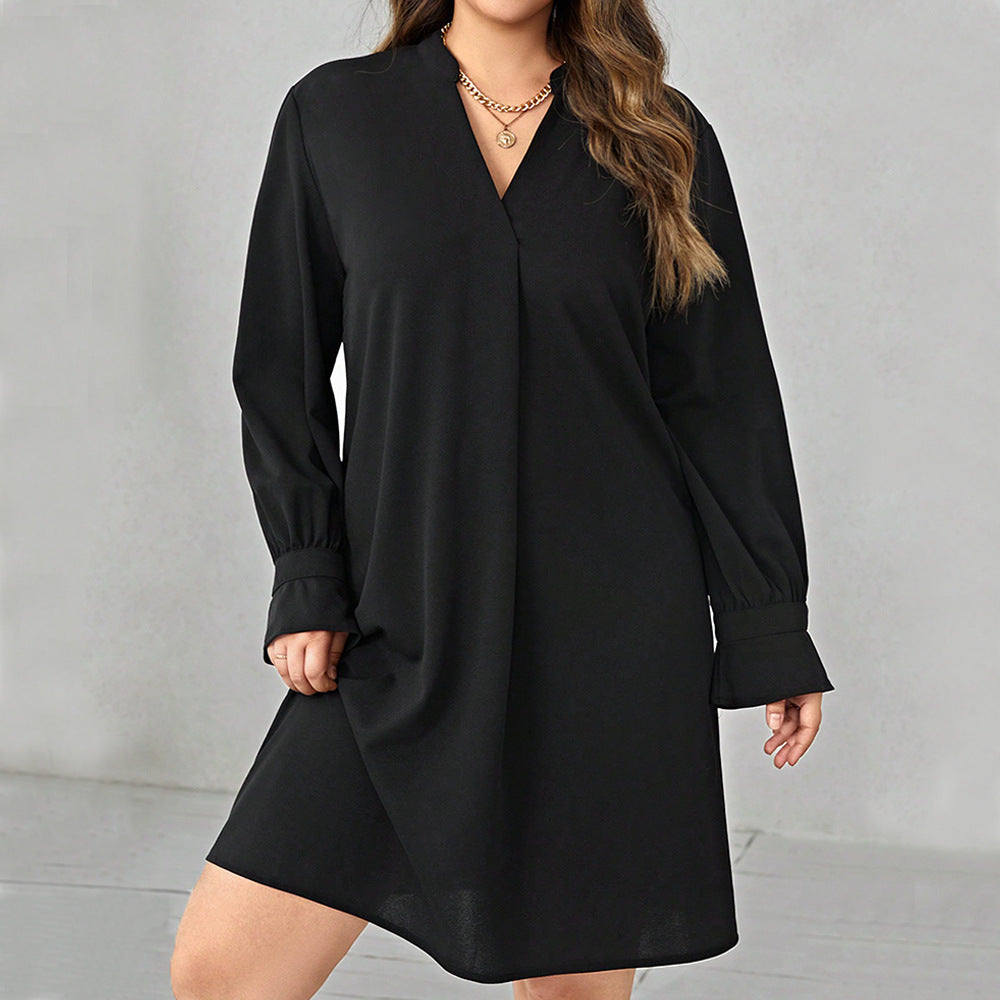 Plus Size Women Clothes Autumn Winter V Neck Solid Color Long Sleeve Loose Casual Dress