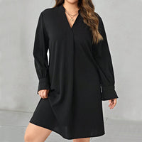 Plus Size Women Clothes Autumn Winter V Neck Solid Color Long Sleeve Loose Casual Dress