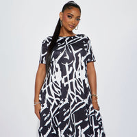 Plus Size Maxi Dress Abstract Print Black White Comfortable Casual Loose Dress