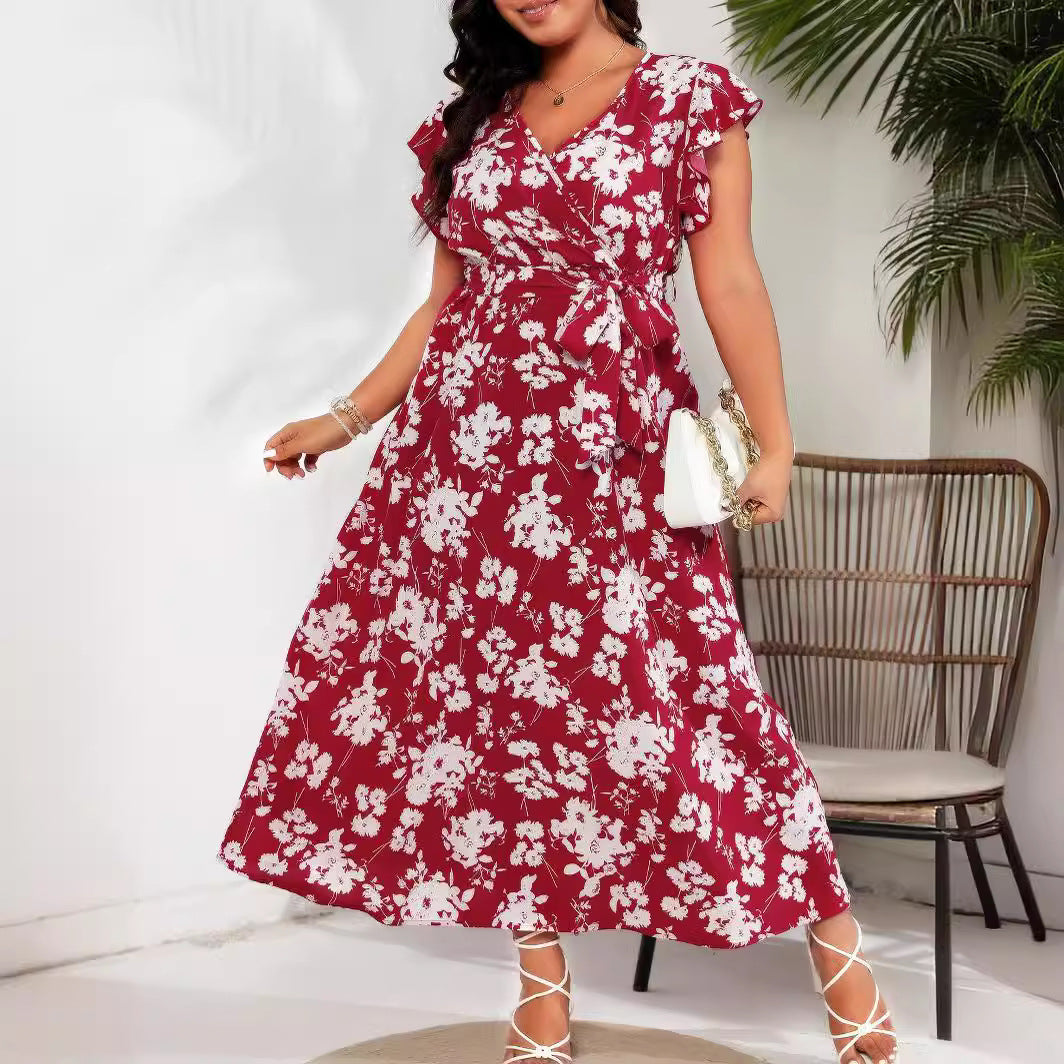 Plus Size Summer V Neck Belt Red Dress