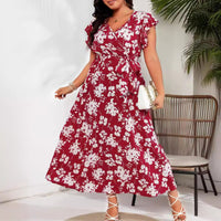 Plus Size Summer V Neck Belt Red Dress