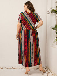 Plus Size Ladies Women round Neck Twill Stitching Casual Printed Short Sleeves Dress