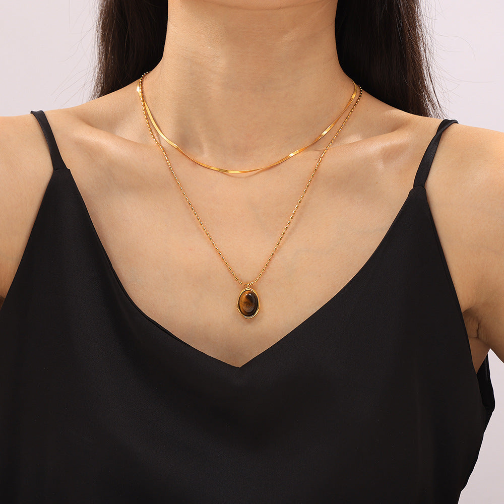 Maillard Simple Grace Personality M Bead Chain Ornament Irregular Asymmetric round Brand Tigereye Embellished Titanium Steel Necklace