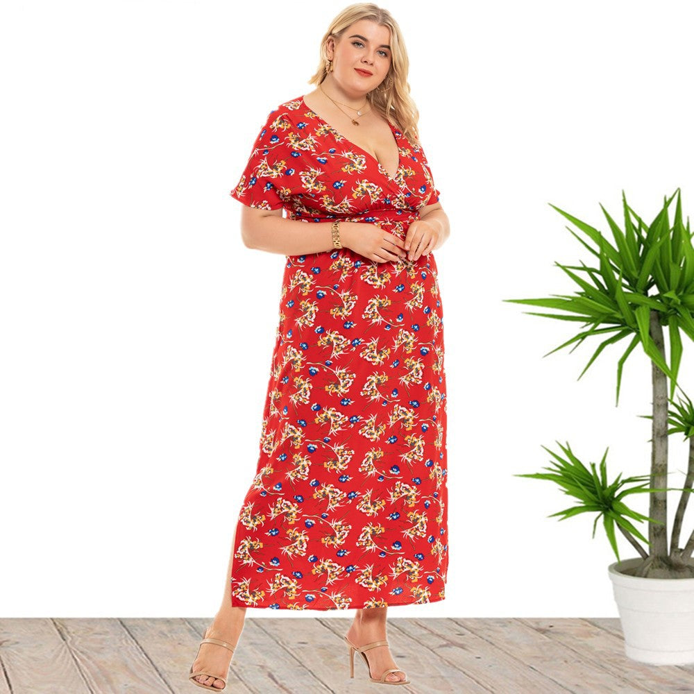 Plus Size Summer Women Clothes Floral Dress V-neck Split Dress