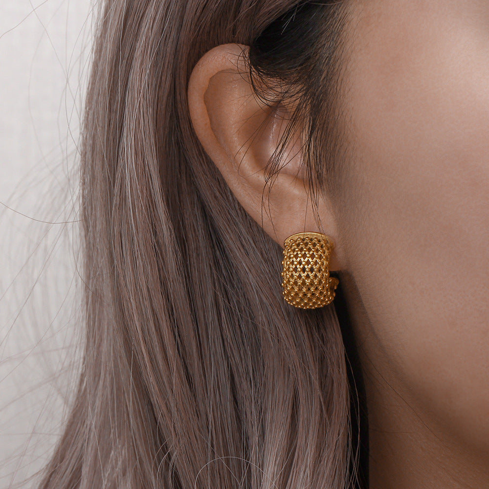 Popular Simplicity Elegant Earrings Jewelry Stainless Steel Plated 18K Gold Mesh Cover Thick Ear Ring Accessories