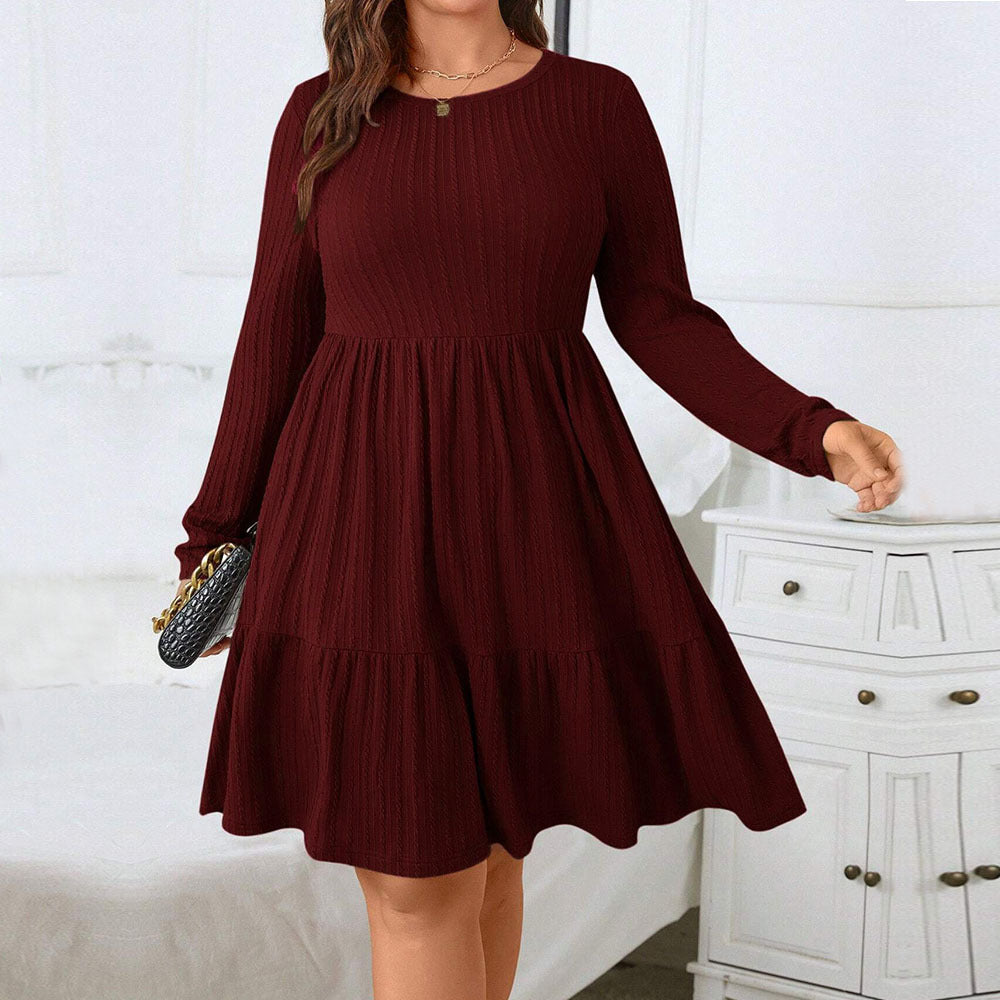 Plus Size Women Elegant Wine Red Dress Autumn Winter All Match Office Midi Dress